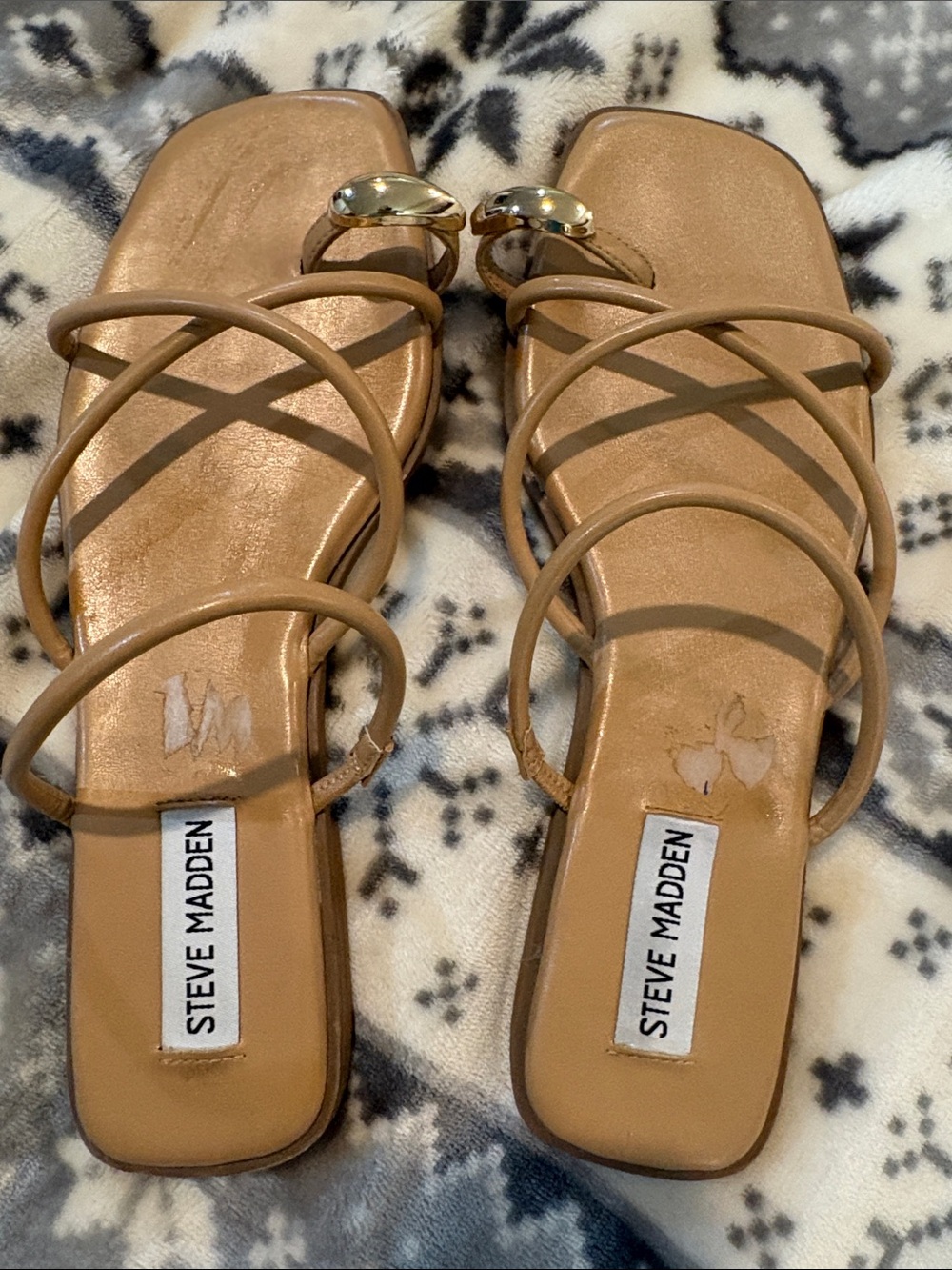 Steve Madden Neutral Tan Multi-Strap Square Toe Sandals with Gold Accent